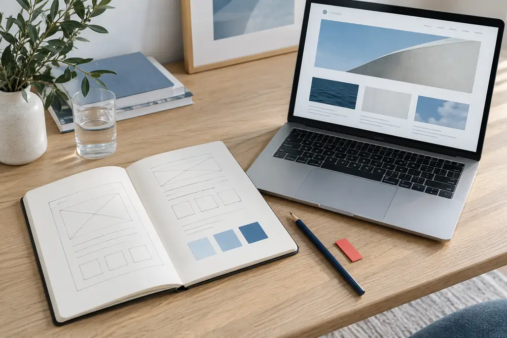 Website-Planung mit Skizzen im Notizbuch und einem Laptop auf einem hellen Schreibtisch