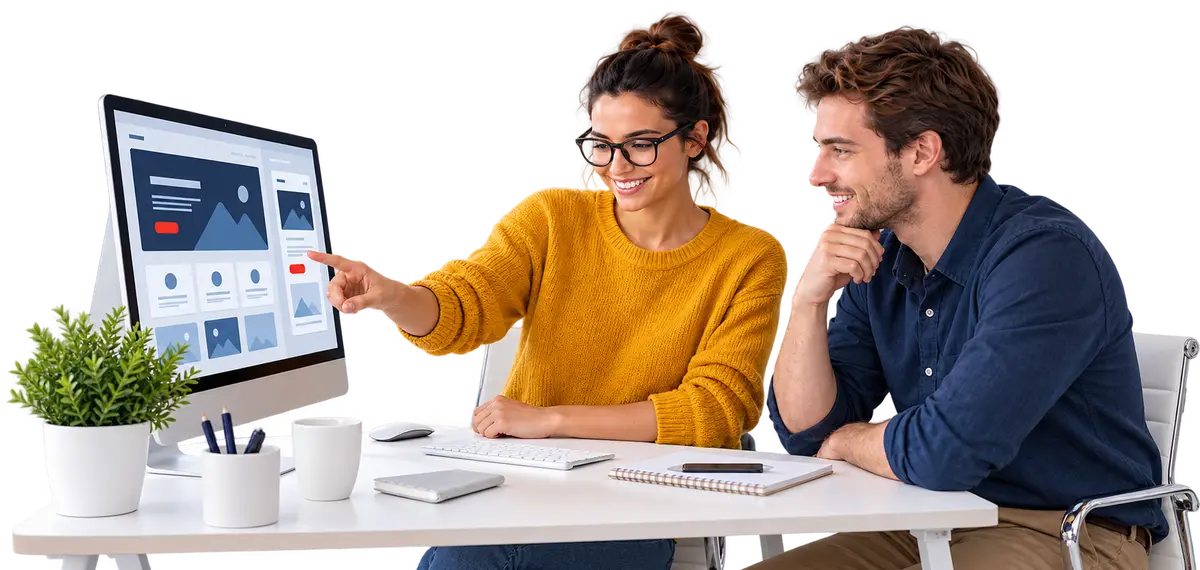 Webdesignerin und Kollege besprechen einen Website-Entwurf am Monitor